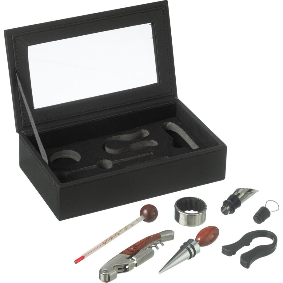 J-Line wijn accessoires - kunstleder/hout - zwart - doos van 6 afbeelding 1