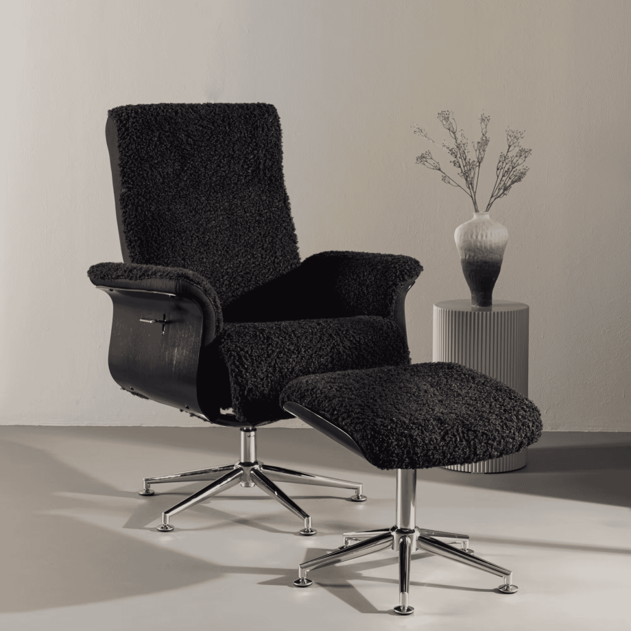 Nohr Fauteuil 'Arnoldo' Met voetenbank, Faux fur, kleur Zwart afbeelding 1