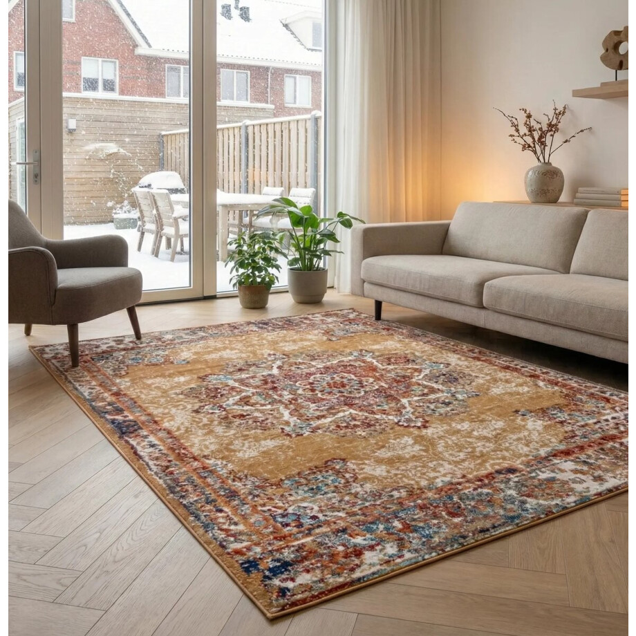 Flycarpets Klassiek Vintage Vloerkleed Maderno - Geel / Multi - 120x170 cm - Perzisch Tapijt Laagpolig - Woonkamer Flycarpets Klassiek Vintage Vloerkleed Maderno - Geel / Multi - 120x170 cm - Perzisch Tapijt Laagpolig - Woonkamer afbeelding 1