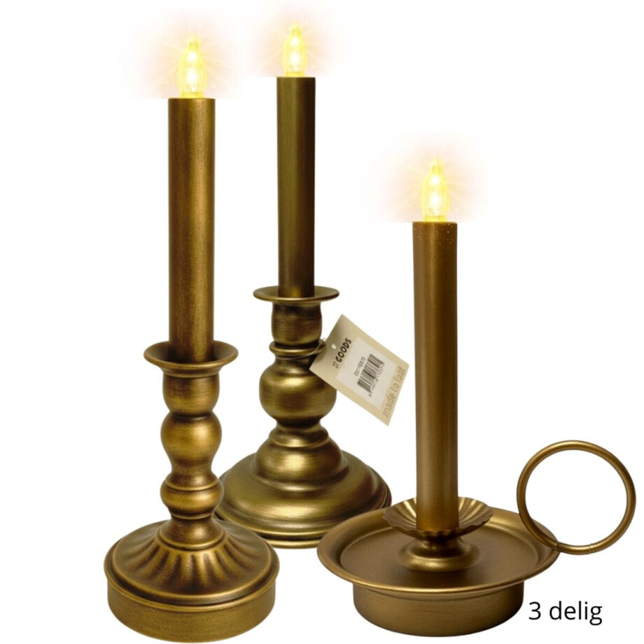 GOODS - Metalen Kandelaar Ring - 3 delig LED Kaars – Real Flame Effect – Goudkleur – 2x AA - Metaal afbeelding 1