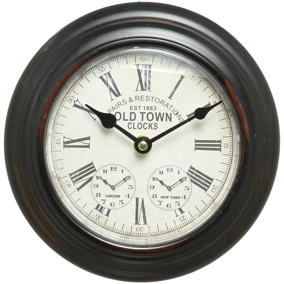 Nostalgische Wandklok van metaal 20cm - Zwarte wandklok met dubbele tijdsaanduiding – Industrieel retro design – Old Town Clocks – Romeinse cijfers – Wereldtijden Londen & New York – quartz uurwerk – Wanddecoratie klassiek Nostalgische Wandklok van metaal 20cm - Zwarte wandklok met dubbele tijdsaanduiding – Industrieel retro design – Old Town Clocks – Romeinse cijfers – Wereldtijden Londen & New York – quartz uurwerk – Wanddecoratie klassiek afbeelding 1