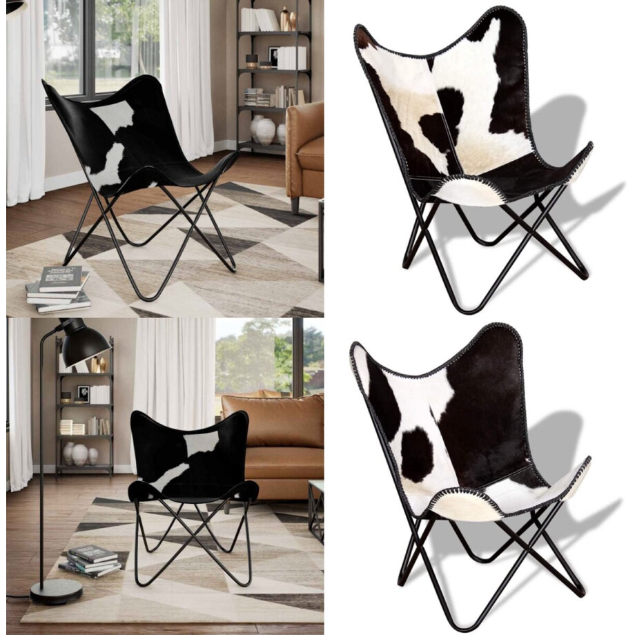 vidaXL Vlinderstoel echt rundleer zwart en wit - Vlinderstoel - Vlinderstoelen - Fauteuil - Fauteuils vidaXL Vlinderstoel echt rundleer zwart en wit - Vlinderstoel - Vlinderstoelen - Fauteuil - Fauteuils afbeelding 1