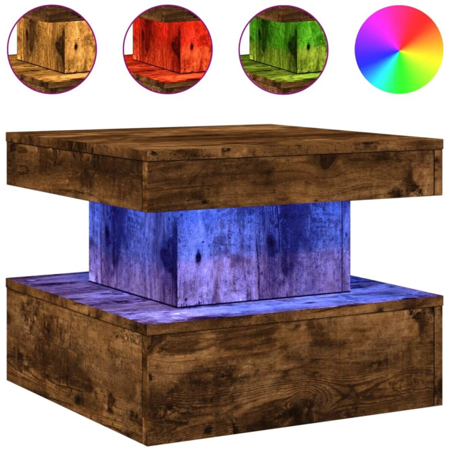vidaXL Salontafel - Metalen poten - Gerookt eiken - 50x50x40 Salontafel - Led Lampen - Houten Salontafel - Modern Design - Bruine Salontafel afbeelding 1