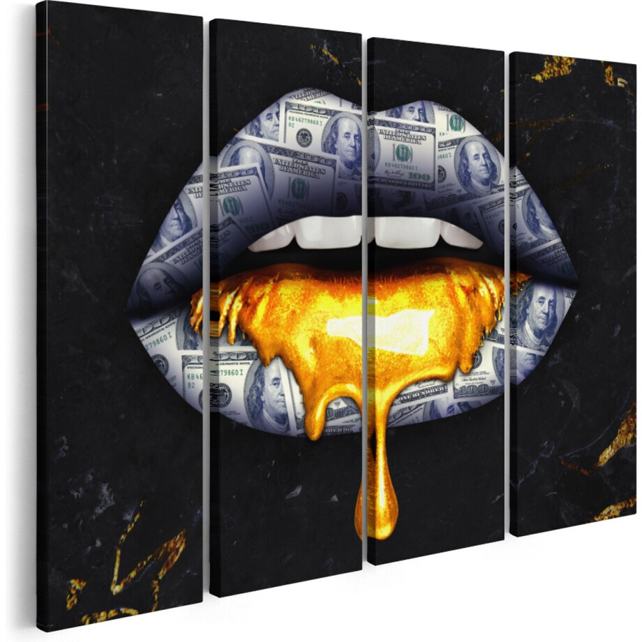 Artaza Canvas Schilderij Vierluik Dollar Lippen Met Goud - 120x90 - Foto Op Canvas - Canvas Print afbeelding 1