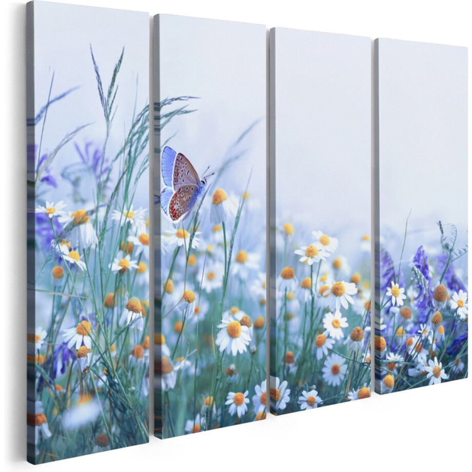 Artaza Canvas Schilderij Vierluik Witte Kamille Bloemen Met Een Vlinder - 120x90 - Foto Op Canvas - Canvas Print afbeelding 1