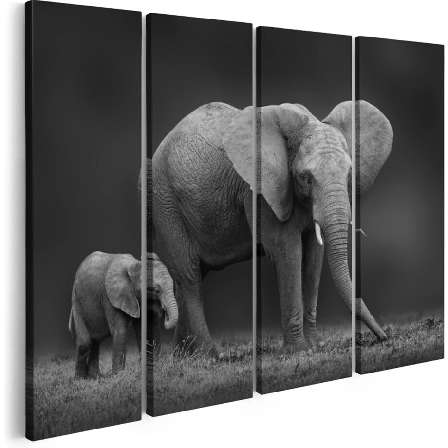 Artaza Canvas Schilderij Vierluik Olifant Moeder En Zoon - Zwart Wit - 160x120 - Groot - Foto Op Canvas - Canvas Print afbeelding 1