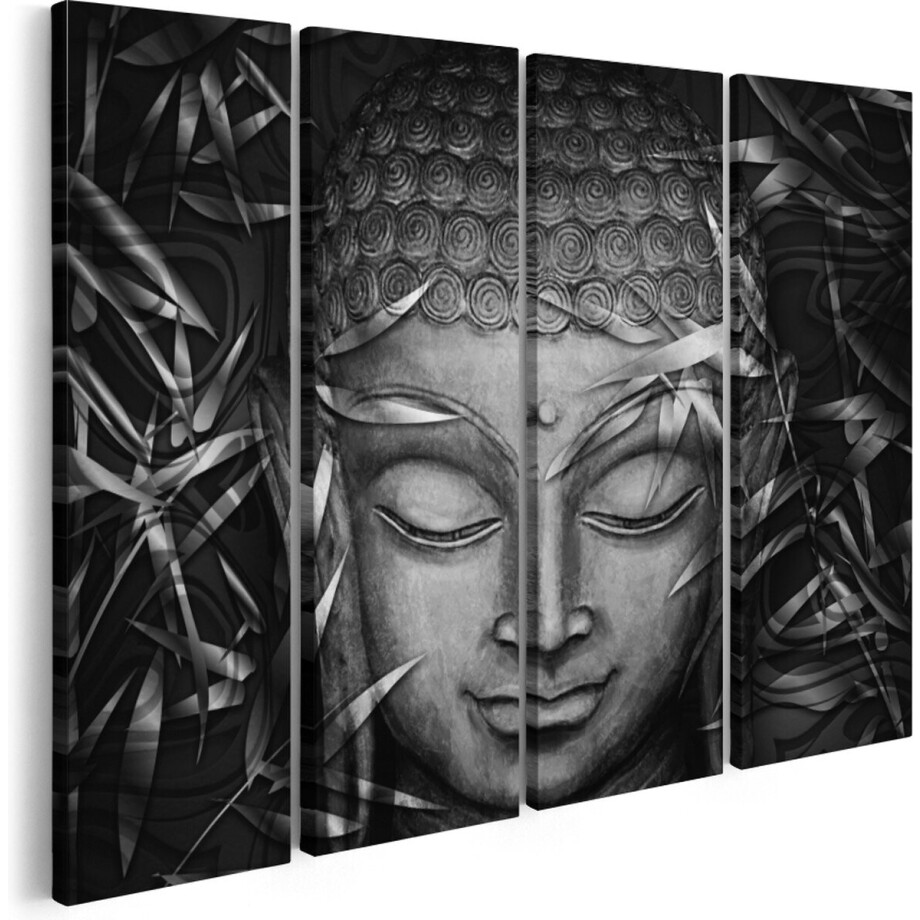 Artaza Canvas Schilderij Vierluik Gouden Boeddha Hoofd - Zwart Wit - 120x90 - Foto Op Canvas - Canvas Print afbeelding 1