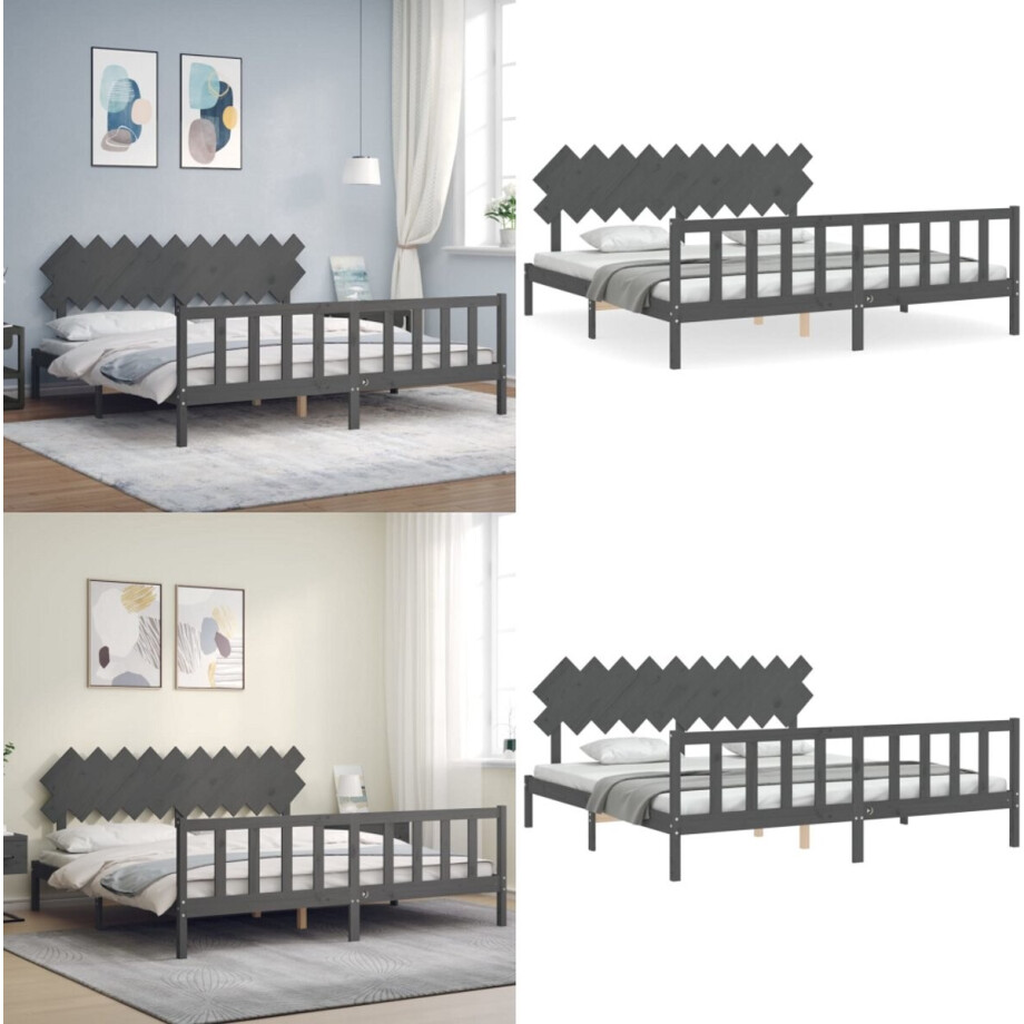 vidaXL - Bedframe - met - hoofdbord - massief - hout - grijs - 200x200 - cm afbeelding 1