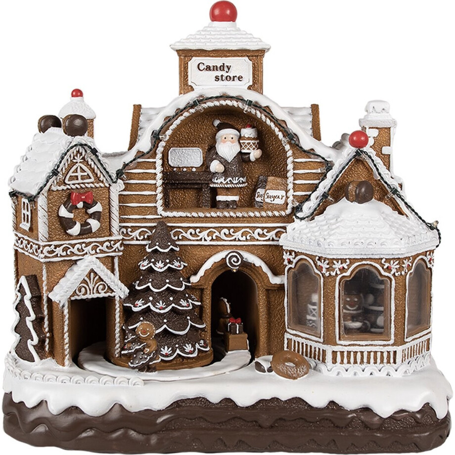 Clayre & Eef Kerstdecoratie met LED-verlichting en muziek 33x17x30 cm Bruin Kunststof Gingerbread house afbeelding 1