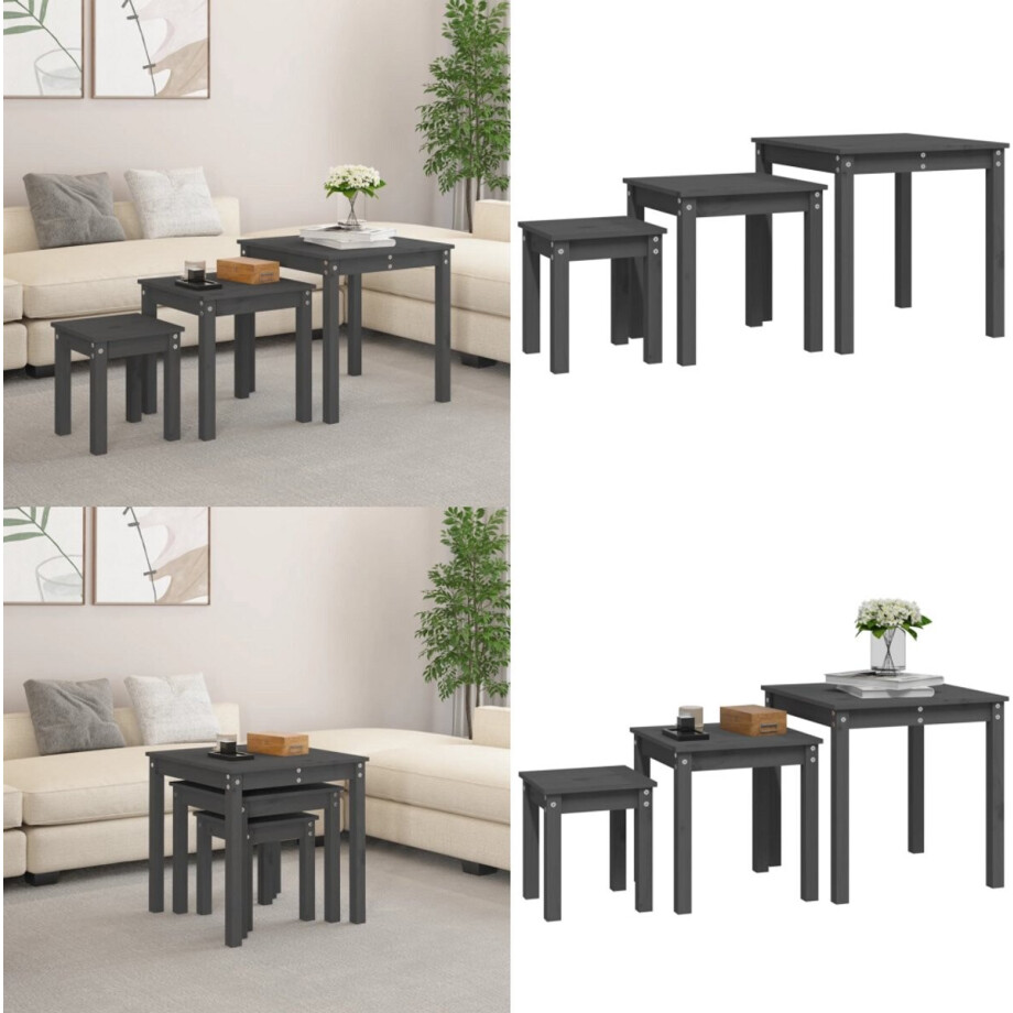 vidaXL Tafeltjesset 3 st massief grenenhout grijs - Tafelset - Tafelsets - In Elkaar Passend Tafeltje - Tafeltjesset vidaXL Tafeltjesset 3 st massief grenenhout grijs - Tafelset - Tafelsets - In Elkaar Passend Tafeltje - Tafeltjesset afbeelding 1
