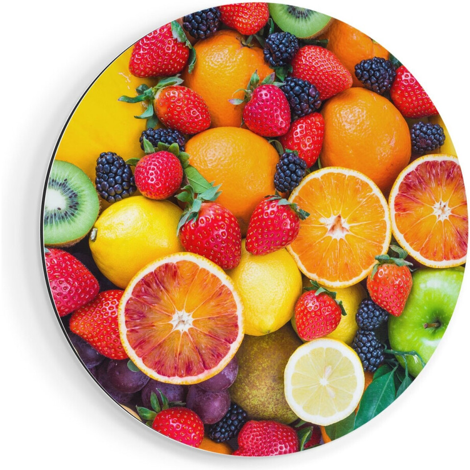Artaza Dibond Muurcirkel Kleurrijke Fruit Achtergrond - Ø 80 cm - Groot - Wandcirkel - Rond Schilderij - Voor Binnen en Buiten afbeelding 1