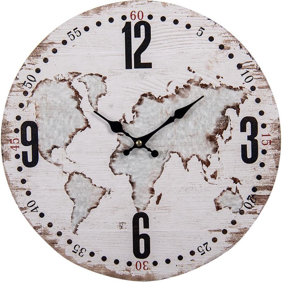Clayre & Eef Wandklok Ø 34 cm Beige MDF Rond Wereldkaart Muurklok afbeelding 1