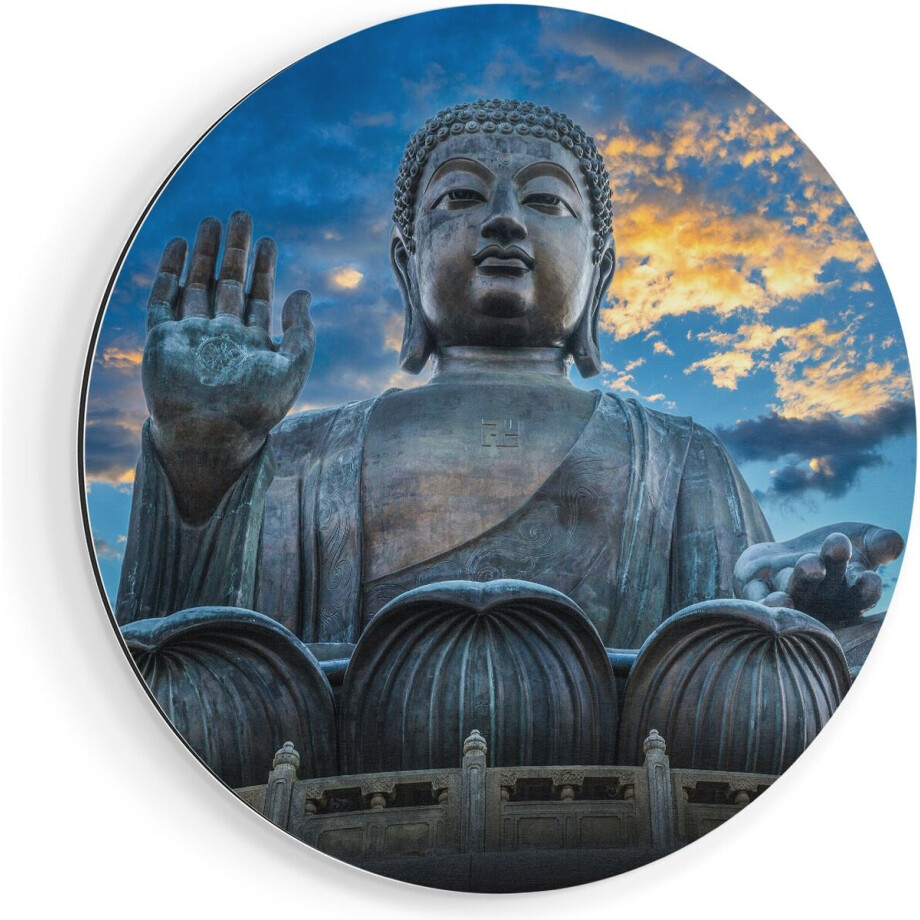 Artaza Dibond Muurcirkel Boeddha Beeld Bij Een Tempel - Ø 70 cm - Wandcirkel - Rond Schilderij - Voor Binnen en Buiten afbeelding 1