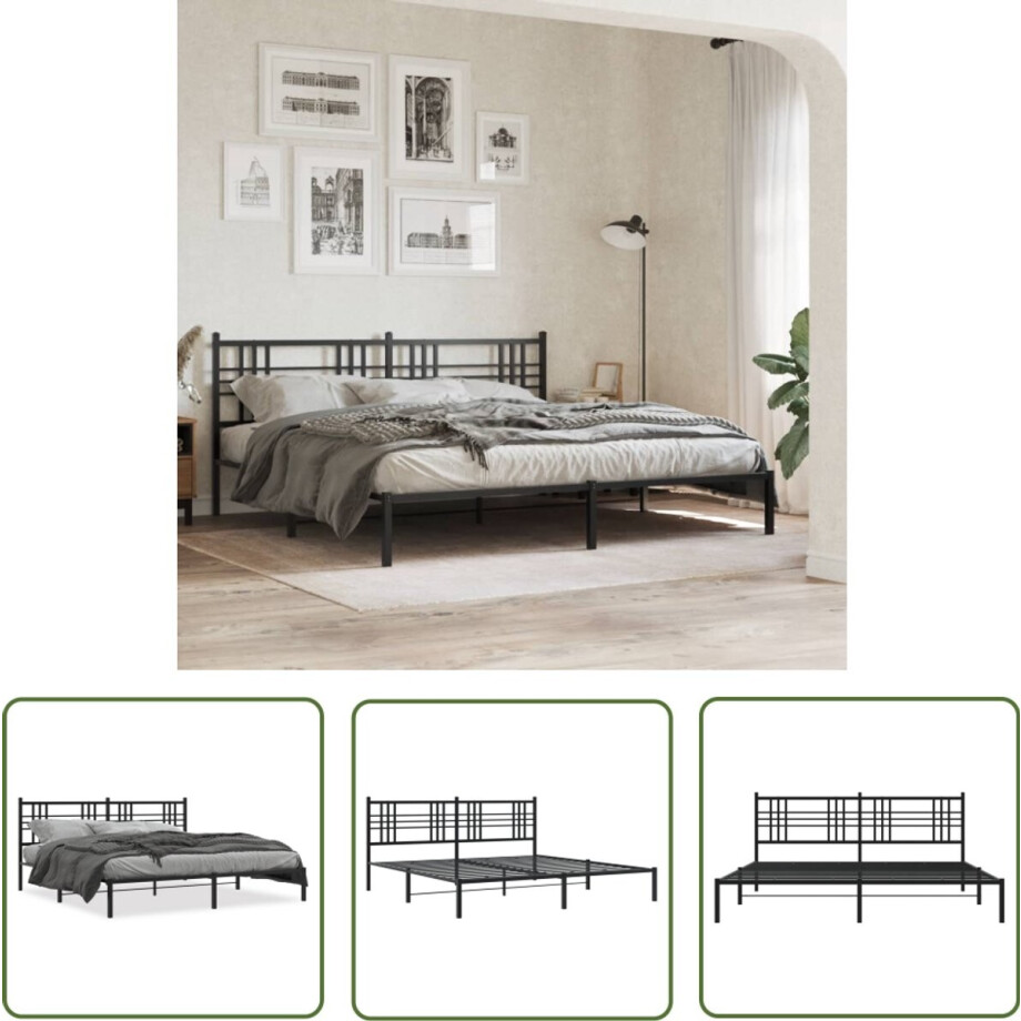 vidaXL Bed Frame - Slaapkamers - Bedframe met hoofdbord metaal zwart 183x213 cm - Bed - Hoofdbord - Staal afbeelding 1