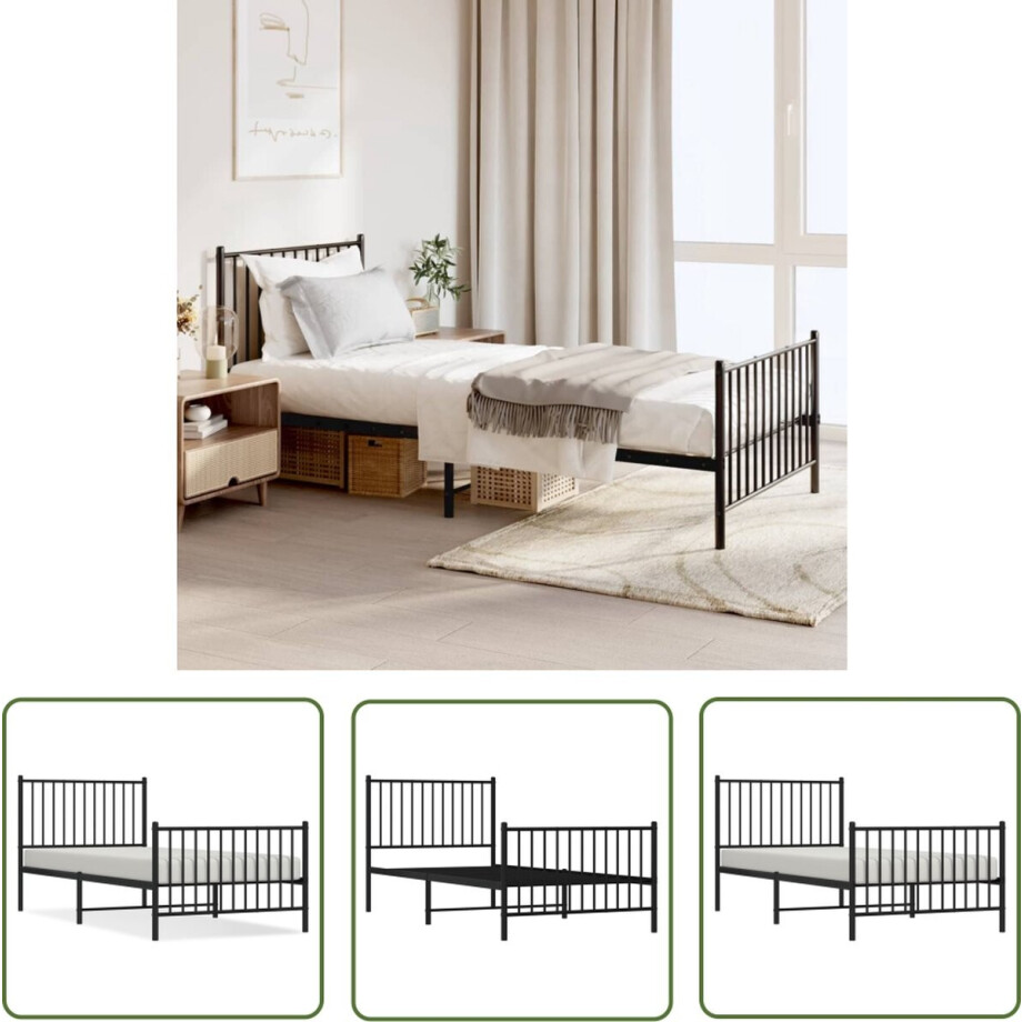 vidaXL Bed Frame - Metalen Bedframe - Bedframe met hoofd- en voeteneinde metaal zwart 90x200 cm - Zwarte Bedpost - Boxspring Bed - Tweepersoons Bed afbeelding 1
