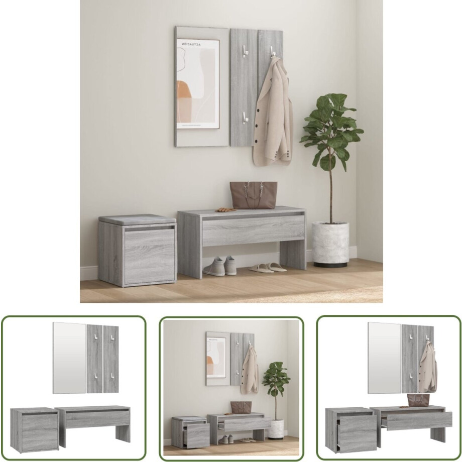 vidaXL Hal Meubilair - Gangkast Set - Garderobe set bewerkt hout grijs sonoma eikenkleurig - Opberg Kast - Entree Meubel - Grijze Gangkast afbeelding 1