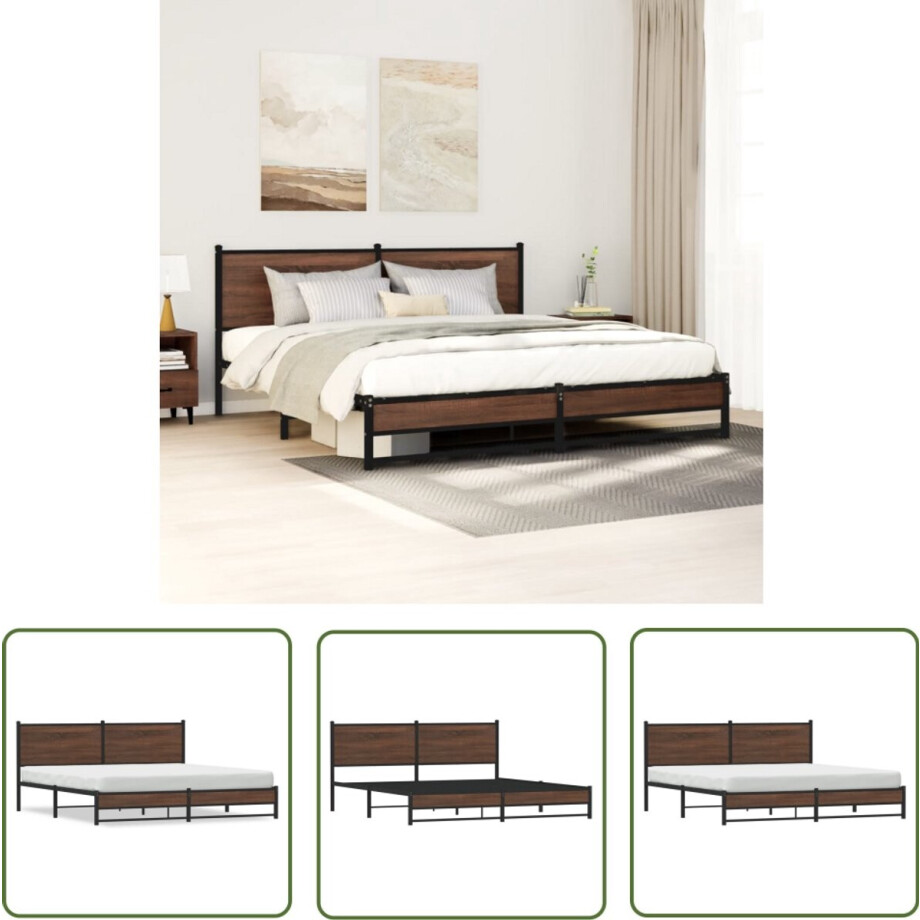vidaXL Houten Bed - Bedframe - Bedframe zonder matras metaal bruin eikenkleurig 160x200 cm - Metalen Bed - Slaapcomfort - Boxspring afbeelding 1