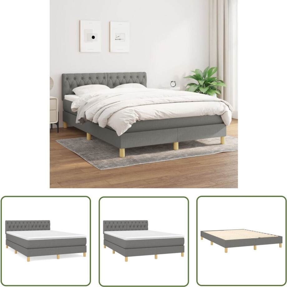 vidaXL Donkere Kleuren - Boxspringbed - Boxspring met matras stof donkergrijs 140x190 cm - Verstelbare Hoofdbord - Pocketveer Matras - Middenhard Matras afbeelding 1