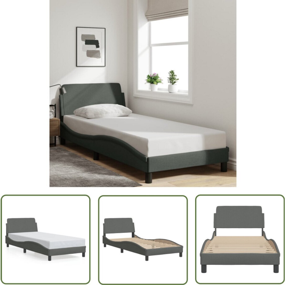 vidaXL Donkere Kleuren - Bedframe - Bedframe Dover 90x190 cm stof donkergrijs - Houten Bed - Tweepersoonsbed - Stapelbaar Bed vidaXL Donkere Kleuren - Bedframe - Bedframe Dover 90x190 cm stof donkergrijs - Houten Bed - Tweepersoonsbed - Stapelbaar Bed afbeelding 1