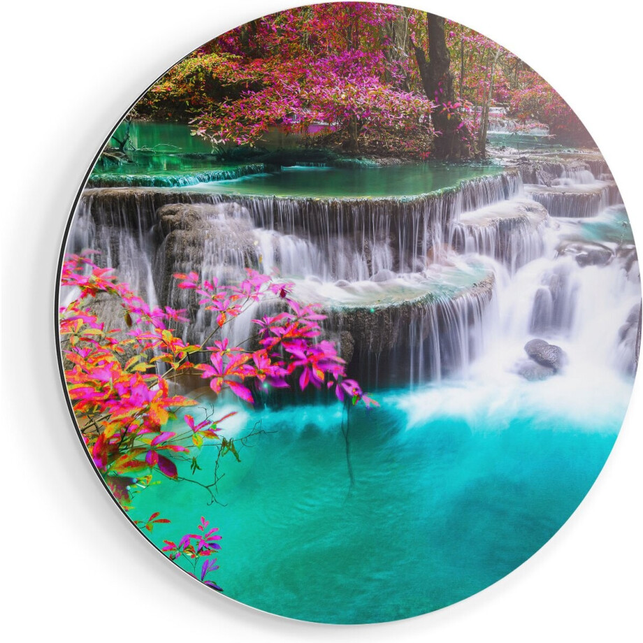 Artaza Dibond Muurcirkel Waterval In De Herfst Met Kleurrijke Bloemen - Ø 60 cm - Wandcirkel - Rond Schilderij - Voor Binnen en Buiten afbeelding 1