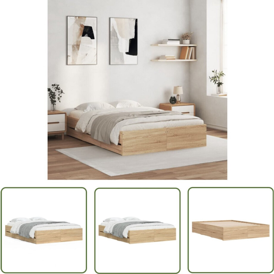 vidaXL Houten Bed - Bed Frame - Bedframe met lades bewerkt hout sonoma eikenkleurig 120x200 cm - Bed Met Lades - Sonoma Eiken - Bruine Bedbank vidaXL Houten Bed - Bed Frame - Bedframe met lades bewerkt hout sonoma eikenkleurig 120x200 cm - Bed Met Lades - Sonoma Eiken - Bruine Bedbank afbeelding 1