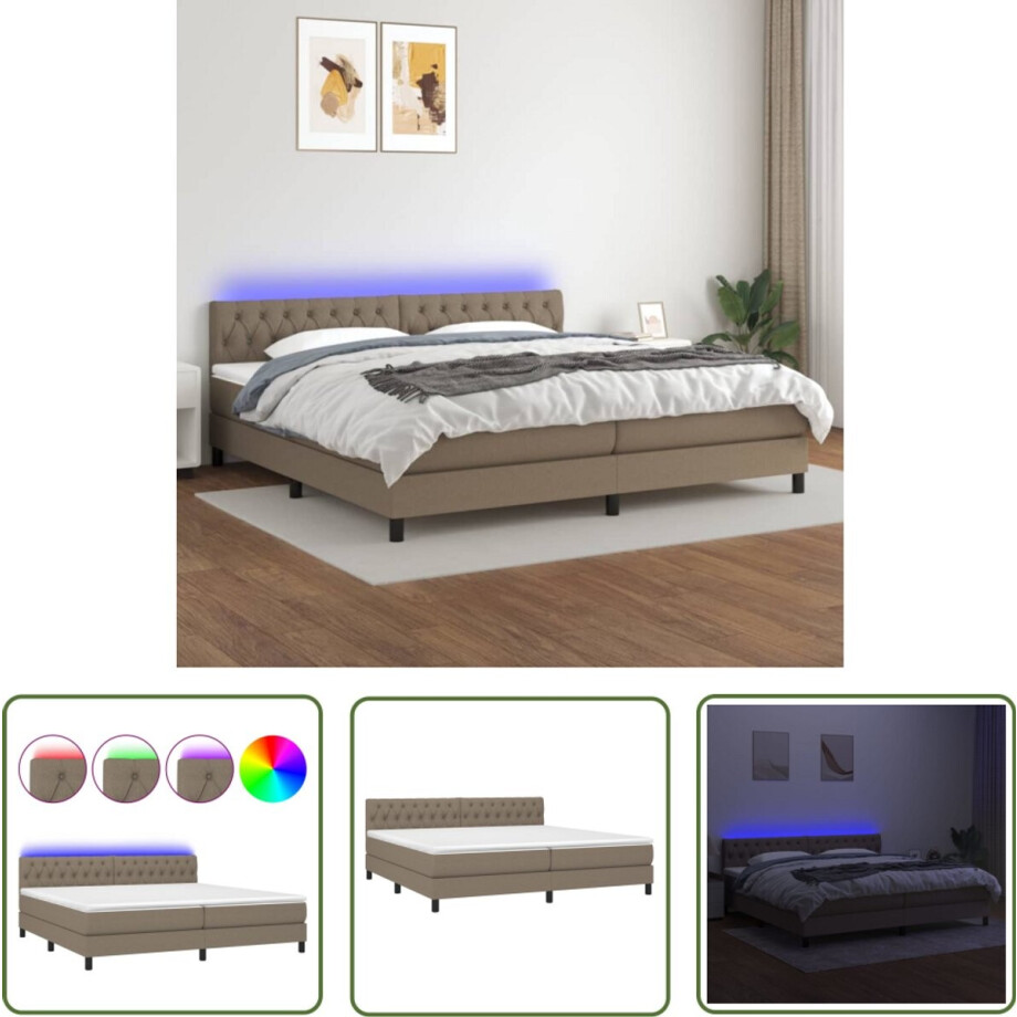 vidaXL Boxspring met LED - Taupe - 200x200 cm Boxspring - Led Lamp - Slaapcomfort - Pocketed Veren - Taupe afbeelding 1