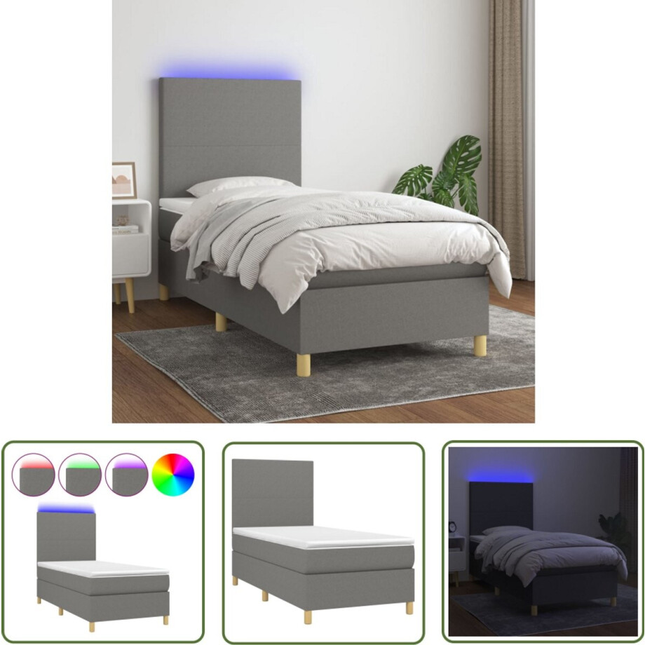 vidaXL Boxspring - Donkergrijs - 80x200 cm - LED verlichting Boxspring - Slaapcomfort - Led Verlichting - Adjustable Headboard - Pocketed Spring Mattress afbeelding 1