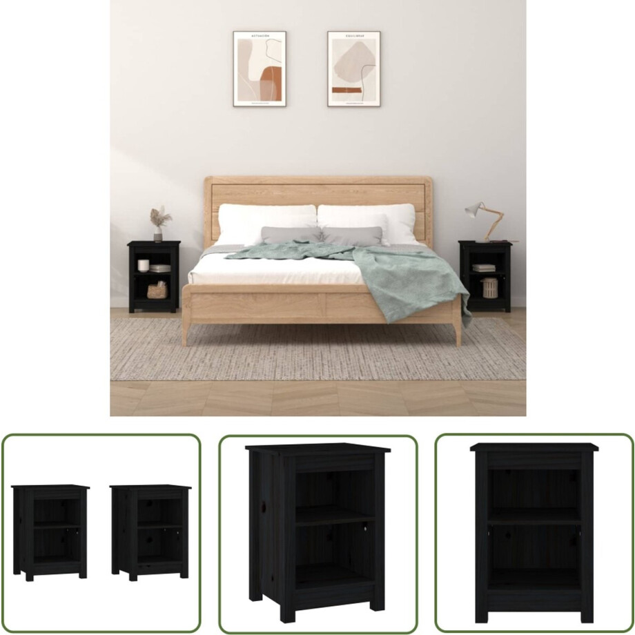 vidaXL Houten Nachtkastjes - Nachtkastjes - Nachtkastjes 2 st 40x35x55 cm massief grenenhout zwart - Nachtkasten Zwart - Vintage Nachtkastjes - Slaapkamersdecoratie afbeelding 1