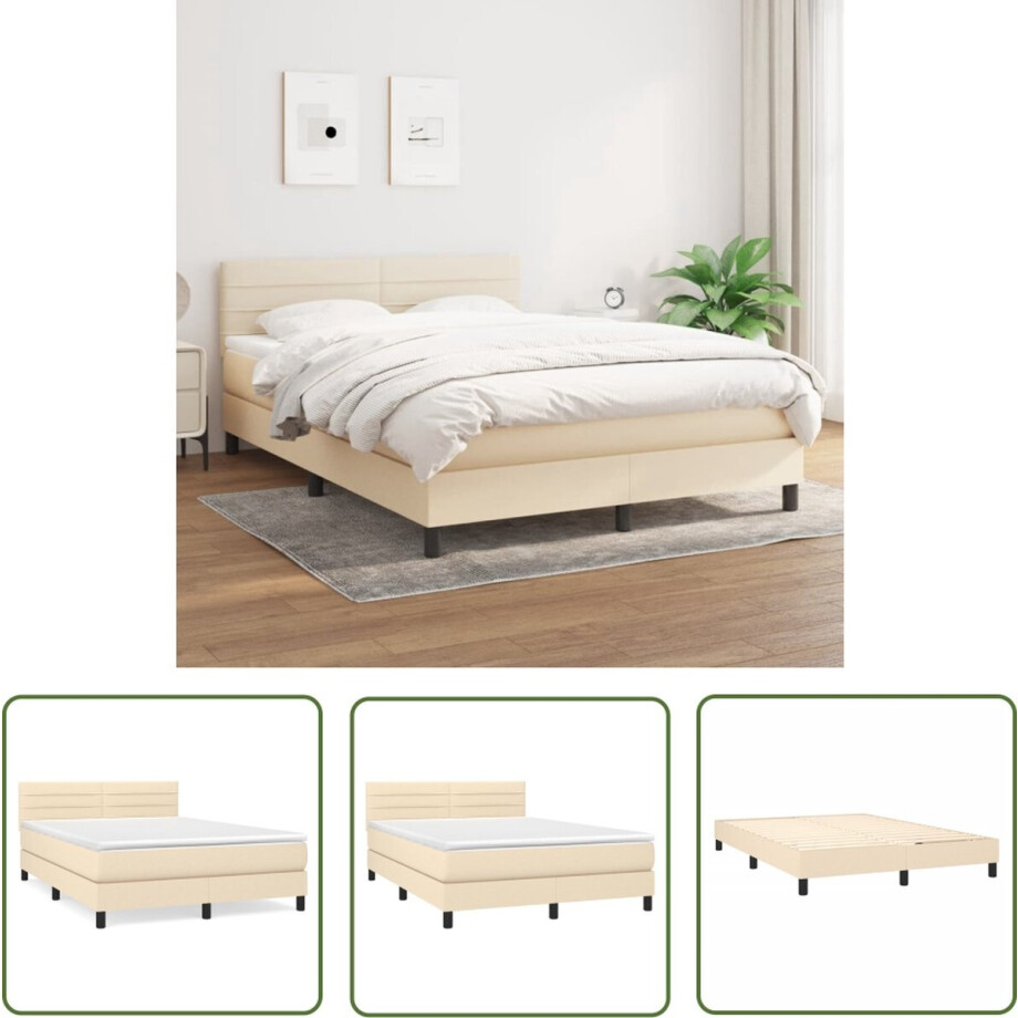 vidaXL Boxspring - Boxspringbed - Boxspring met matras stof crèmekleurig 140x200 cm - Creme Kleur - Tweepersoonsbed - Stapelbare Bedbodems afbeelding 1