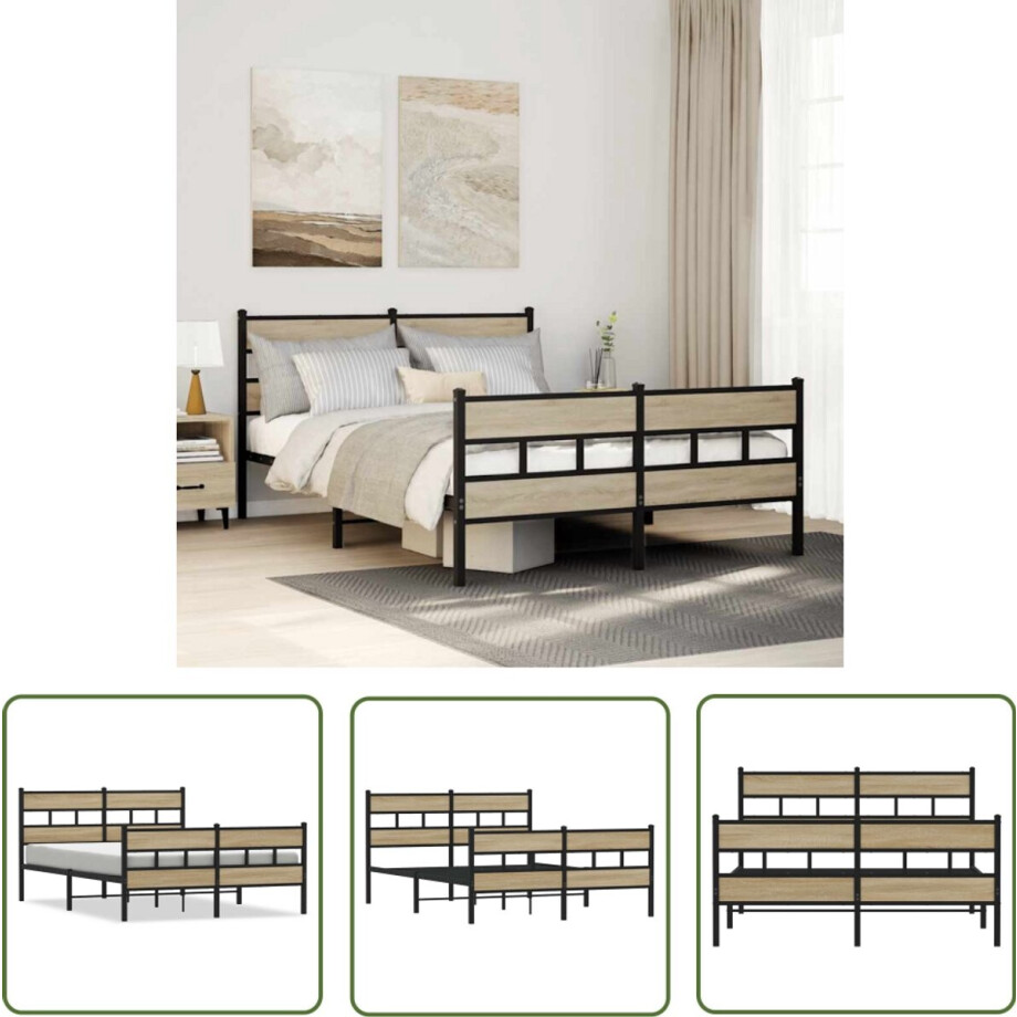vidaXL Houten Bed - Bedframe - Bedframe zonder matras metaal sonoma eikenkleurig 135x190 cm - Metalen Bed - Tweepersoonsbed - Boxspring afbeelding 1