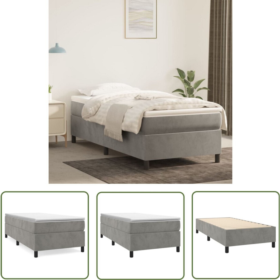 vidaXL - Boxspring - bed - 90x200 - cm - fluweel - lichtgrijs vidaXL - Boxspring - bed - 90x200 - cm - fluweel - lichtgrijs afbeelding 1