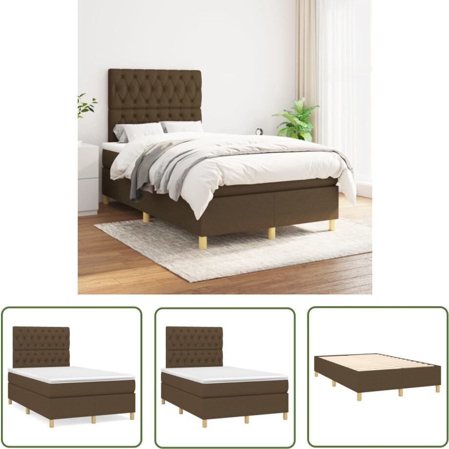 vidaXL Boxspring - Boxspringbed - Boxspring met matras stof donkerbruin 120x200 cm - Tweepersoonsbed - Donkere Kleuren - Houten Frame afbeelding 1