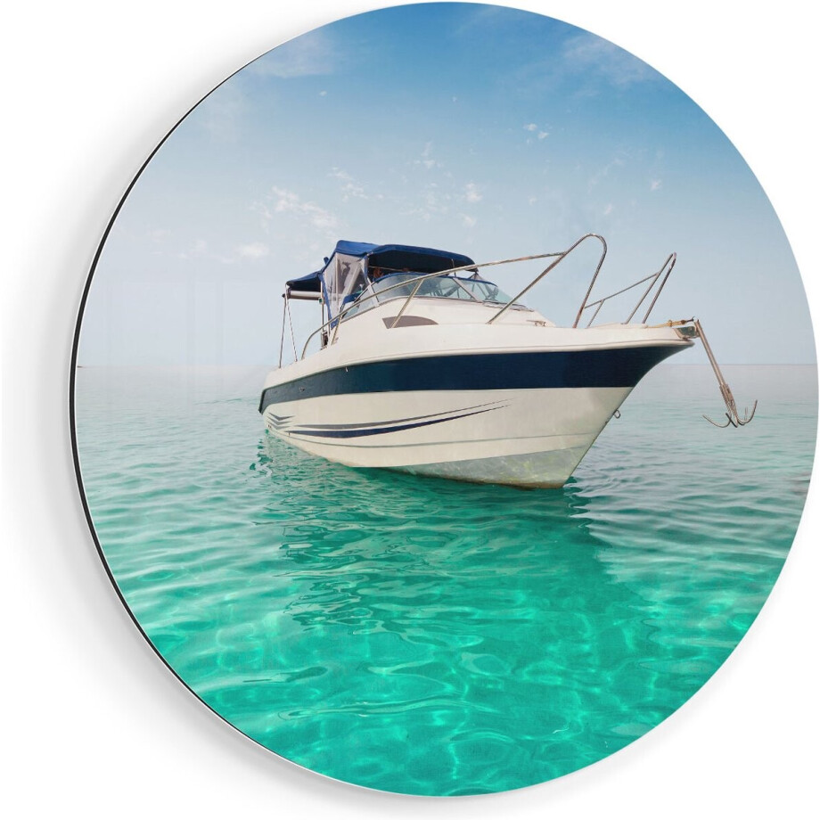 Artaza Dibond Muurcirkel Motorboot aan het Strand met Blauw Water - Ø 50 cm - Klein - Wandcirkel - Rond Schilderij - Voor Binnen en Buiten afbeelding 1