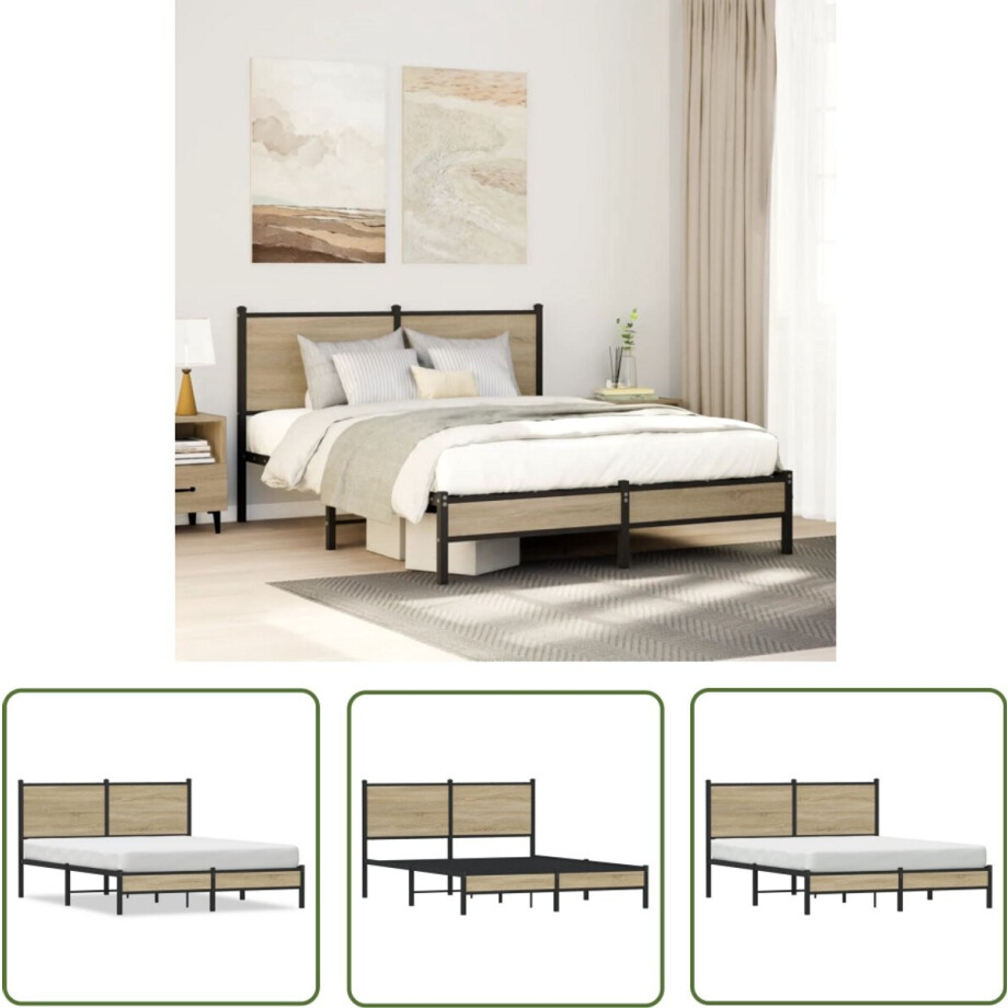 vidaXL Houten Bed - Bed Frame - Bedframe zonder matras metaal sonoma eikenkleurig 137x190 cm - Bed Zwart - Slaapkamersdecoratie - Boxspring afbeelding 1