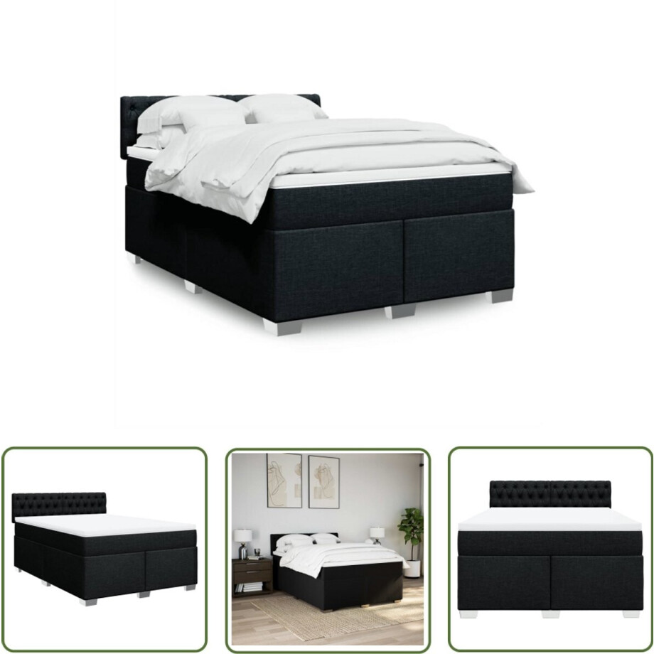 vidaXL Boxspringbed - Boxspring - Boxspring met matras stof zwart 140x190 cm - Matras - Pocketveringmatras - Slaapcomfort afbeelding 1