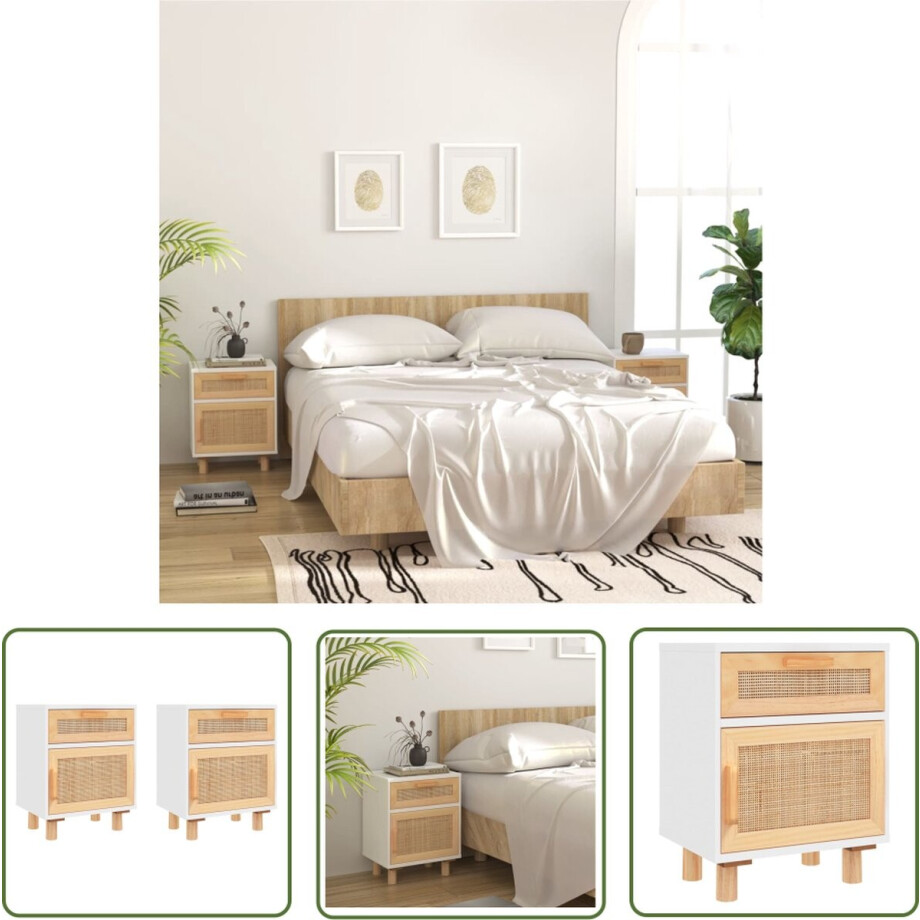 vidaXL Scandinavisch Design - Nachtkastje - Nachtkastjes 2 st massief grenenhout en natuurlijk rattan wit - Wit - Slaapkamermeubilair - Bijzettafel afbeelding 1