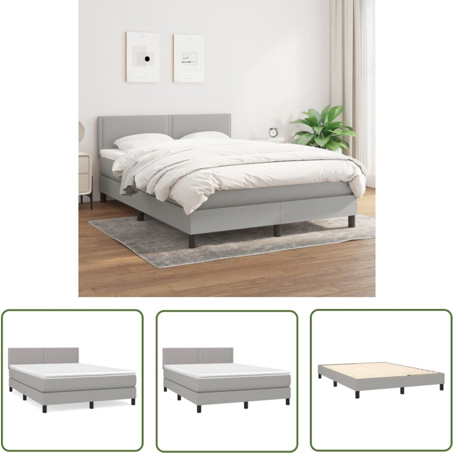 vidaXL Slaapcomfort - Boxspringbed - Boxspring met matras stof lichtgrijs 140x200 cm - Pocketveermatras - Middelduur - Hoofdboard afbeelding 1