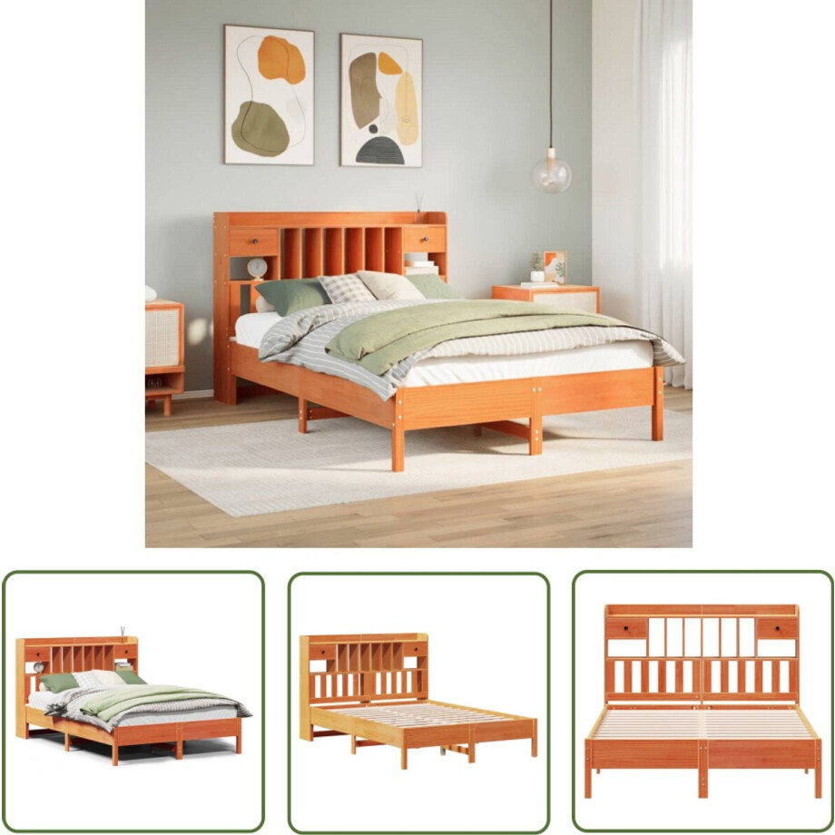 vidaXL Draaibare Sleutel - Dynamische Sleutel - Bed met boekenkast zonder matras grenenhout wasbruin 135x190 cm - Gereedschapset - Mechanica - Montageset afbeelding 1