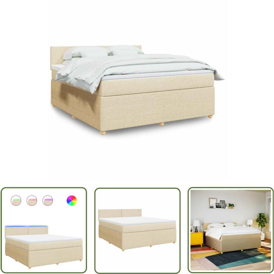 vidaXL Slaapcomfort - Boxspring - Boxspring met matras stof crèmekleurig 180x200 cm - Pocketveringmatras - Led Verlichting - Creme Kleurig afbeelding 1