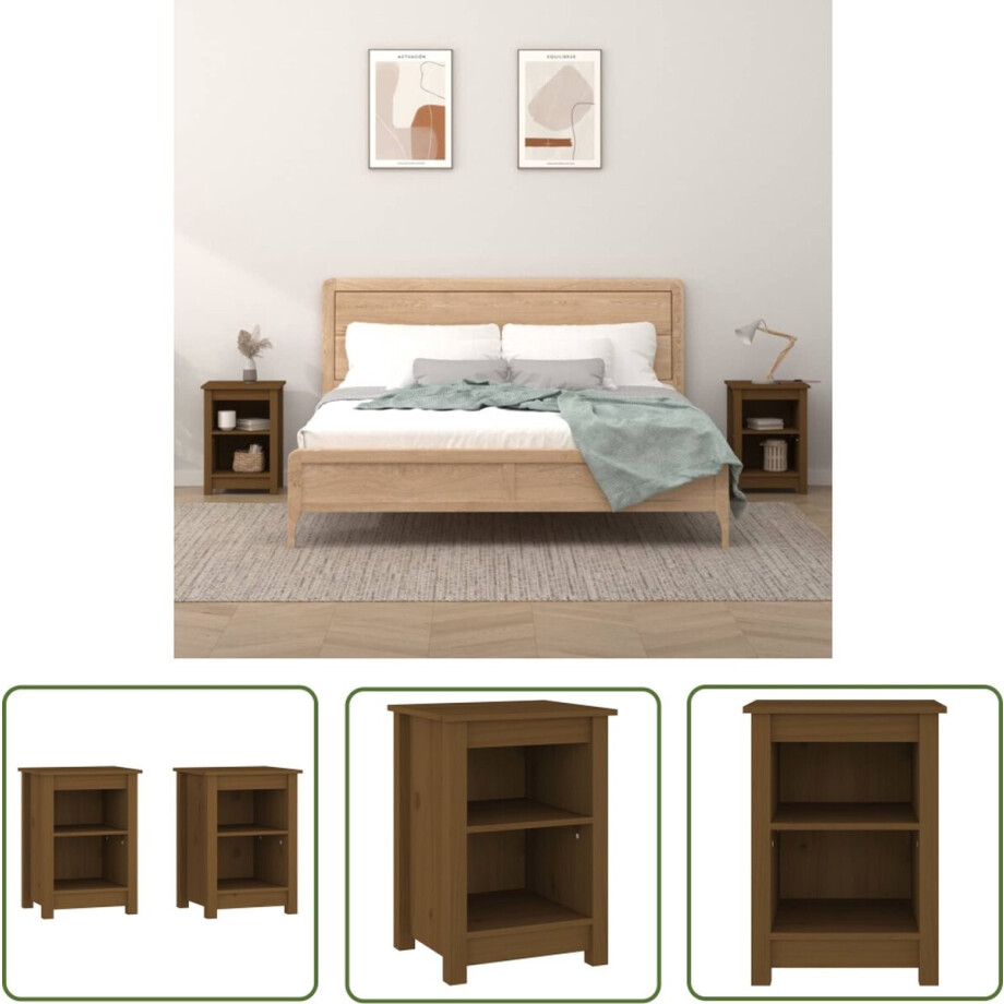 vidaXL Houten Nachtkastjes - Nachtkastjes - Nachtkastjes 2 st 40x35x55 cm massief grenenhout honingbruin - Grenenhout - Nachtkasten Set - Slaapkamermeubel afbeelding 1