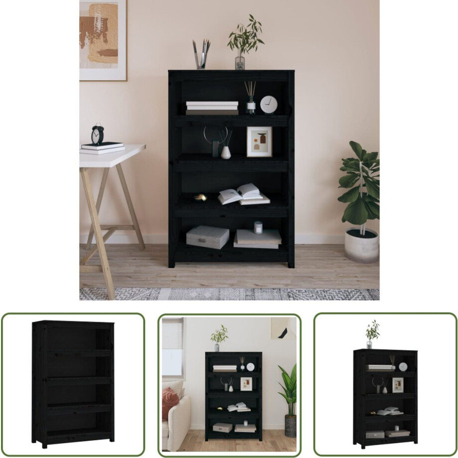 vidaXL Houten Boekenkast - Boekenkast - Boekenkast 80x35x126 cm massief grenenhout zwart - Grenenhouten Boekenkast - Zwarte Boekenkast - Boekenplank vidaXL Houten Boekenkast - Boekenkast - Boekenkast 80x35x126 cm massief grenenhout zwart - Grenenhouten Boekenkast - Zwarte Boekenkast - Boekenplank afbeelding 1