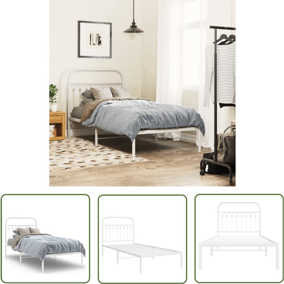 vidaXL Bed Frame Met Hoofdbord - Metalen Bed Frame - Bedframe met hoofdbord metaal wit 90x190 cm - Bed Frame Wit - Staal Bed Frame - King Size Bed Frame afbeelding 1