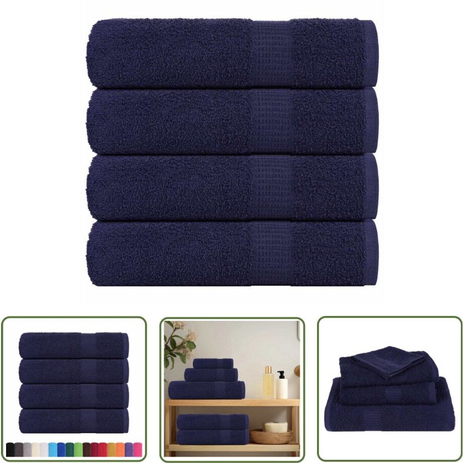 vidaXL Badhanddoeken 4 st - 100% Katoen - Marineblauw Badhanddoeken - Handdoekenset - Katoenen Handdoeken - Blauwe Handdoeken - Machinewasbare Handdoeken afbeelding 1