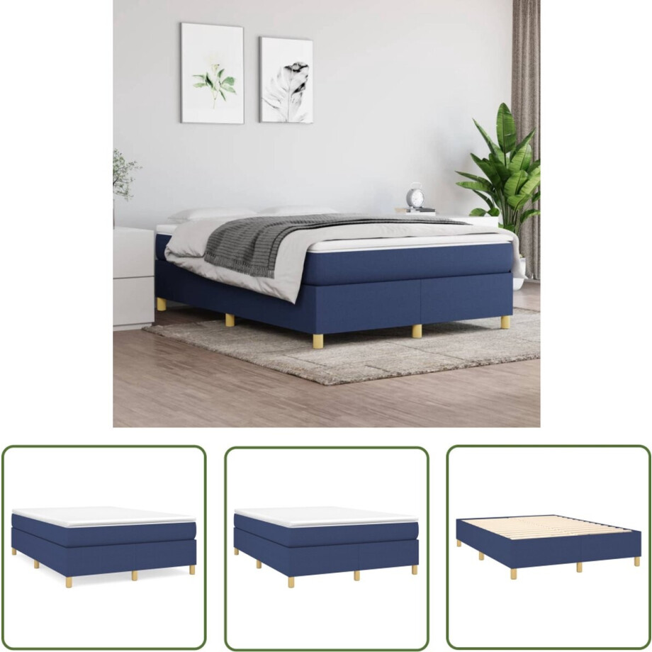 vidaXL Bedframe - Boxspringframe - Bedframe zonder matras stof blauw 140x200 cm - Tweepersoonsbed - Blauwdruk - Houten Bed afbeelding 1