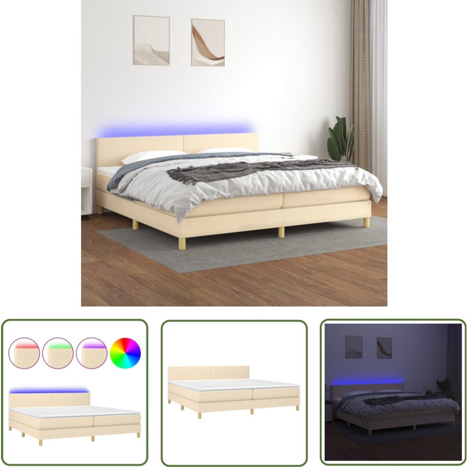 vidaXL Boxspring - crèmekleurig - 200x200 cm - LED Boxspring Bed - Led Bed - Creme Bed - Pocketed Spring Mattress - Adjustable Headboard afbeelding 1