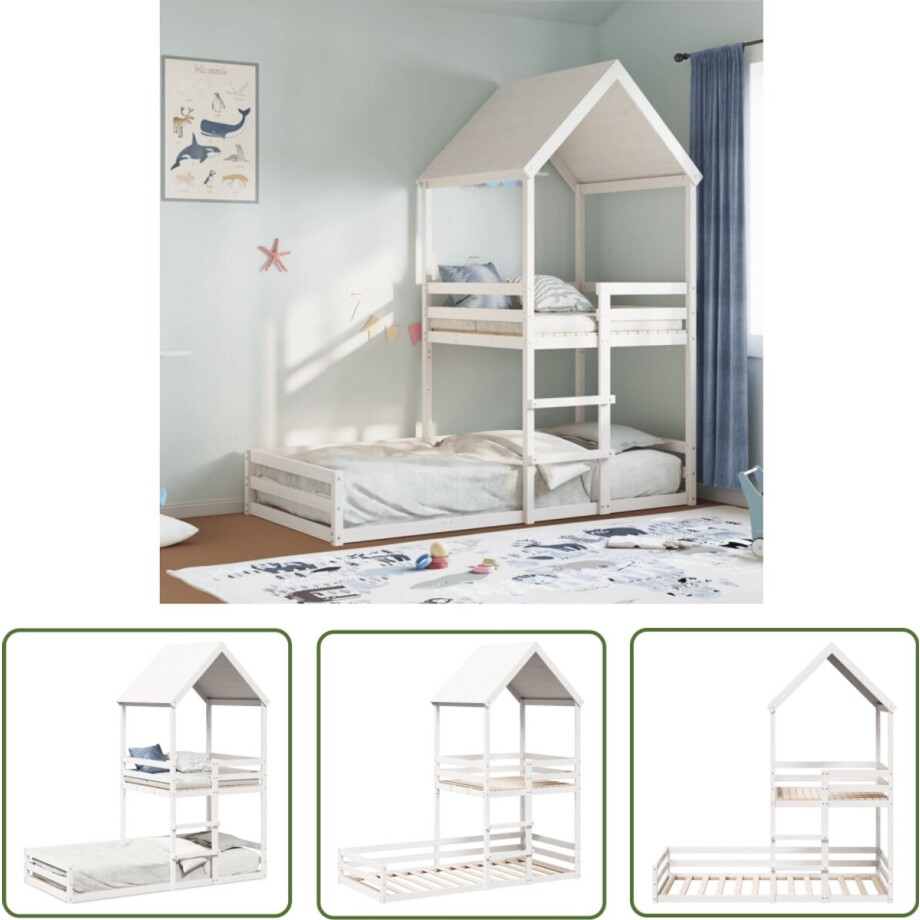 vidaXL Kidsbed - Kinderbed - Kinderbed met huisje massief grenenhout wit 90x200 cm - Hutbed - Grenenhouten Bed - Wit Kinderbed afbeelding 1