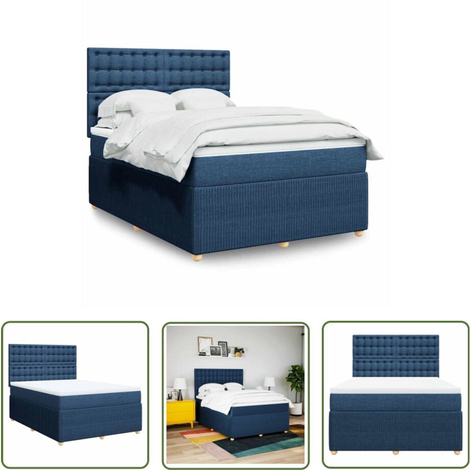 vidaXL Matras - Boxspring - Boxspring met matras stof blauw 140x200 cm - Pocketvering - Bed Frame - Hoofdbord afbeelding 1