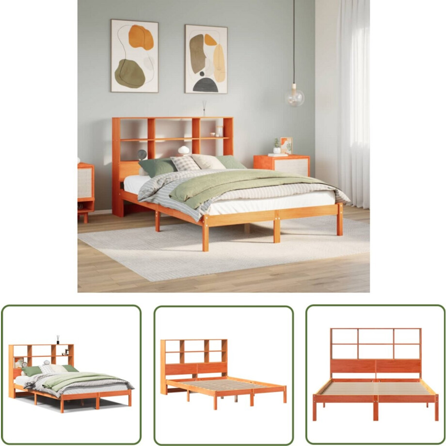 vidaXL Bedden - Slaapkamers - Bed met boekenkast zonder matras grenenhout wasbruin 150x200 cm - Houten Bedden - Boekenkasten - Opbergbed vidaXL Bedden - Slaapkamers - Bed met boekenkast zonder matras grenenhout wasbruin 150x200 cm - Houten Bedden - Boekenkasten - Opbergbed afbeelding 1