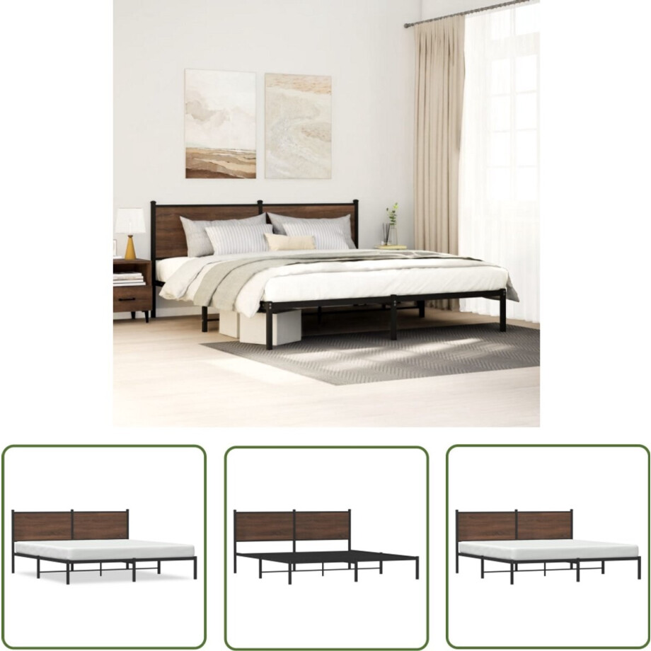 vidaXL Houten Bed - Bedframe - Bedframe zonder matras metaal bruin eikenkleurig 160x200 cm - Staal Bedframe - Tweepersoons Bed - Boxspring Bed afbeelding 1