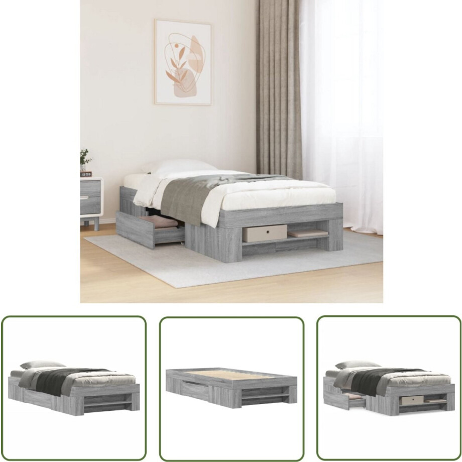 vidaXL Houten Bed - Bed Frame - Bedframe bewerkt hout grijs sonoma eikenkleurig 100x200 cm - Bed Met Opbergvakken - Slaapkamersdecoratie - Grijze Bed vidaXL Houten Bed - Bed Frame - Bedframe bewerkt hout grijs sonoma eikenkleurig 100x200 cm - Bed Met Opbergvakken - Slaapkamersdecoratie - Grijze Bed afbeelding 1